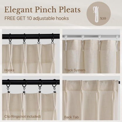Natural Linen Curtains 24 Inch Length, Pinch Pleat, Light Filtering, 2 Panels