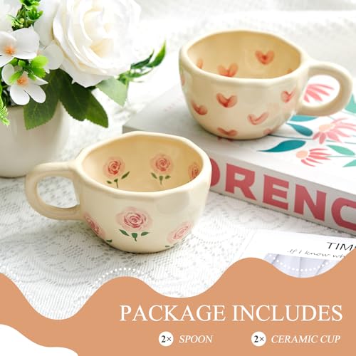 Vesici Floral Tea Cup Set Heart Rose Ceramic Mug with Spoon - 2 Pack