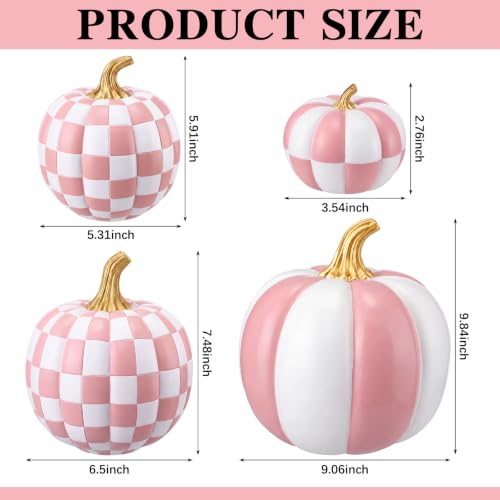 Pink and White Large Pumpkin Decor Set of 4 - Resin Checkered Halloween Ornaments
