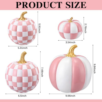 Pink and White Large Pumpkin Decor Set of 4 - Resin Checkered Halloween Ornaments