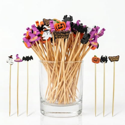 Halloween Cocktail Picks Set 100pcs Pumpkin Ghost Bat Party Toothpicks - Spooky Decorations