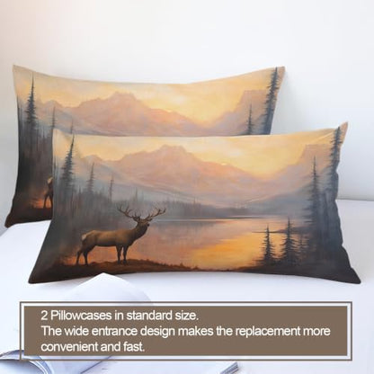 Deer Duvet Cover Queen Size - Forest Deer Bedding Set 3 Piece with Zipper Closure - Queen 90x90