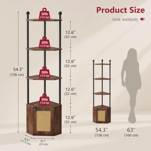 Rustic Brown 5-Tier Corner Shelf Stand with Cabinet - Space-Saving Storage