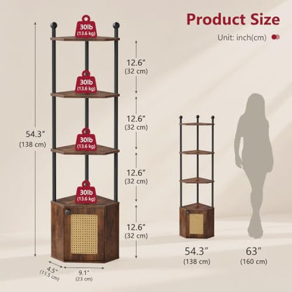 Rustic Brown 5-Tier Corner Shelf Stand with Cabinet - Space-Saving Storage
