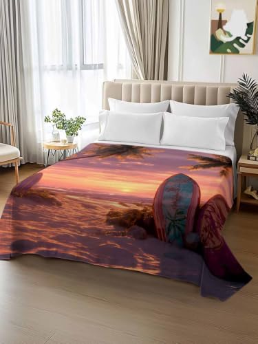 Queen Microfiber Flat Sheet Tropical Sunset Beach Surfboards - Purple, Orange, Black