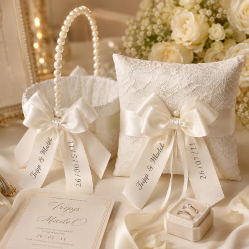 Personalized Flower Girl Basket with Lace & Pearls for Wedding Ceremony