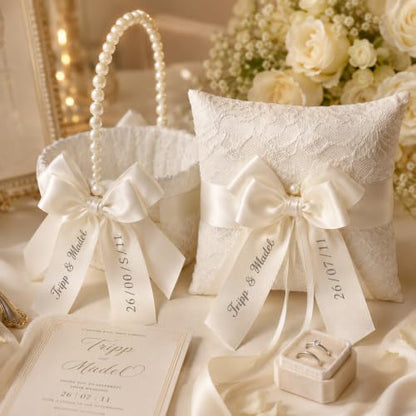 Personalized Flower Girl Basket with Lace & Pearls for Wedding Ceremony