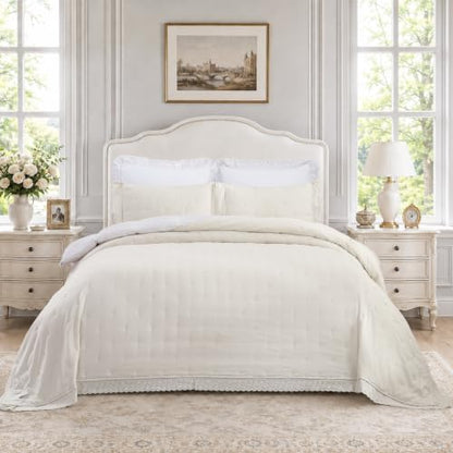 King Beige Ruffle Quilt Set with Lace Trim - Soft 100% Polyester Bedding