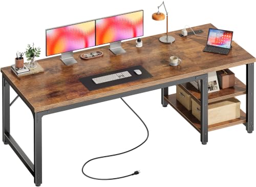 Rustic Brown 63x23.6 Inch Computer Desk with Power Outlets, Thick Desktop