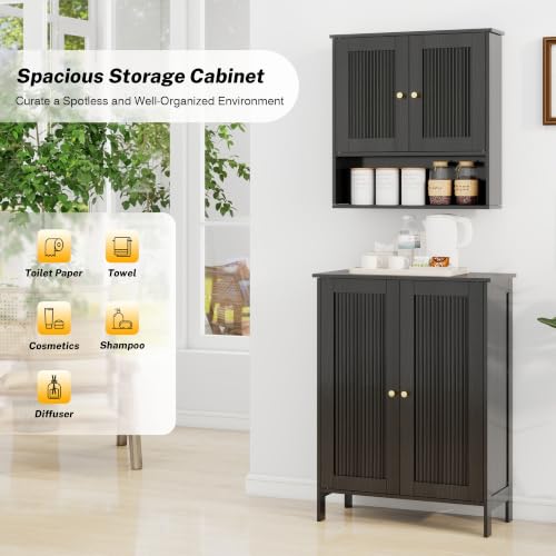 Bathroom Wall Cabinet Over Toilet - Black Fluted Medicine Cabinet with Adjustable Shelves