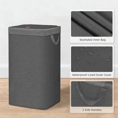 Laundry Hamper with Metal Frame and Lid - Tall Storage Baskets, Black, 90L