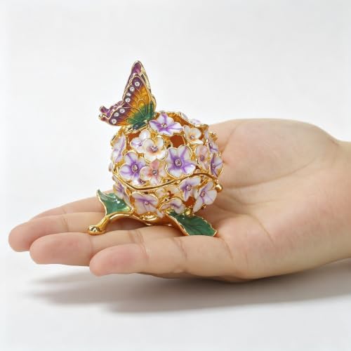 Vintage Enamel Flower Trinket Box with Butterfly Keepsake Jewelry Storage - Pink & Purple