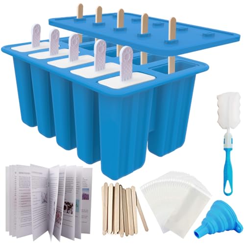 Homemade Popsicle Molds Shapes, Silicone Frozen Ice Popsicle Maker Non-BPA, with 50 Popsicle Sticks, 50 Popsicle Bags, 10 Reusable Popsicle Sticks, Funnel, Brush and Ice Pop Recipes(White)