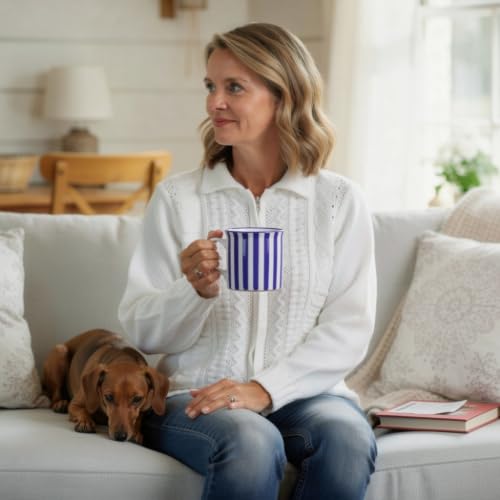 Large Handmade Ceramic Mug 17.5oz Navy Blue Stripe Coffee Tea Cup with Handle