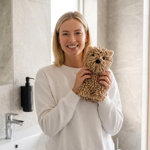 Brown Dog Hand Towel - Puppy Shaped Absorbent Chenille for Bathroom & Kitchen