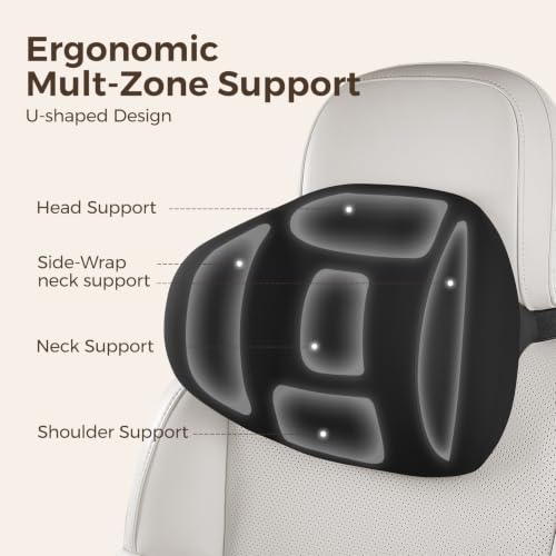 BABUR Ergonomic Memory Foam Car Headrest Pillow Black Dual-Wing Support