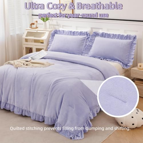 Purple Full Size Fluffy Faux Fur Comforter Set for Girls - Lavender Bedding with Ruffled Edges