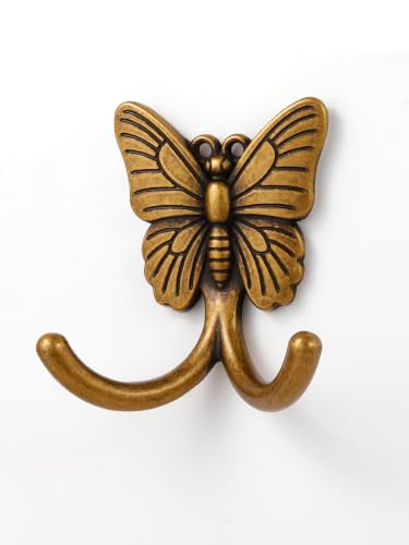 2 Pack Antique Brass Butterfly Adhesive Coat Hooks - No Drill Wall Mount