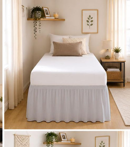 Queen Bed Skirt 60x80 Inches Light Grey Ruffled Wrap-Around Microfiber Dorm Room