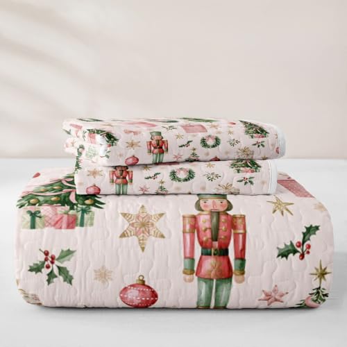 Manfei Quilted Bedspread Set Queen Size 3 Pieces Pink Green - Includes 1 Quilt & 2 Pillowcases