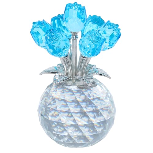Crystal Lake Blue Rose Figurine with Vase - Romantic Glass Flower Gift for Women