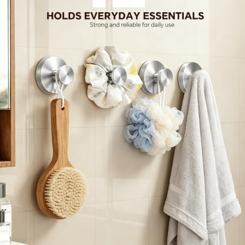 Brushed Silver 4 Pack Suction Cup Hooks for Bathroom No Drill Towel & Robe Hangers