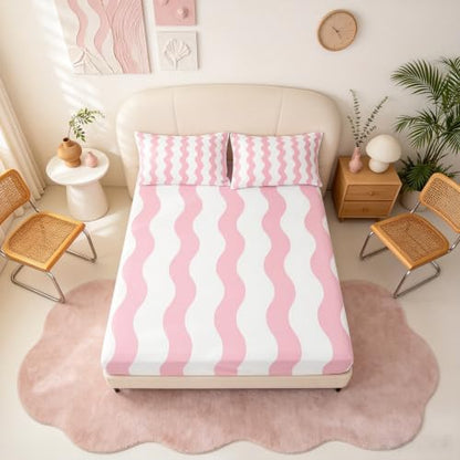Queen Size Kids Fitted Sheet Set with Deep Pockets - White Pink, 3 Pieces