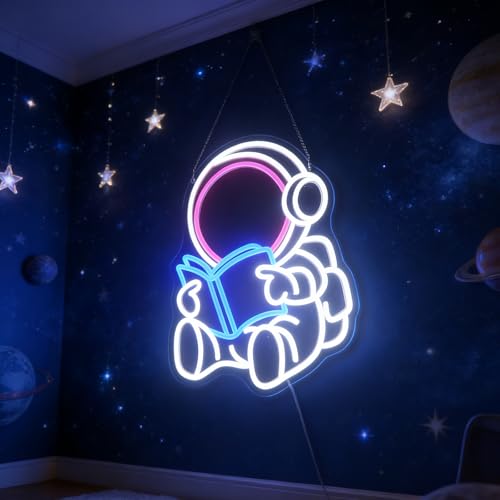 Neon Sign Astronaut Book LED Wall Decor Kids Room & Game Room - J-Blue Pink White
