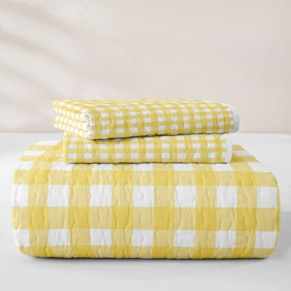 Yellow White Checkered Kids Quilt Set Full Size Plaid Geometric Bedspread for All Seasons - Boys & Girls Bedding