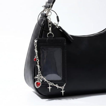 2-Pack Leather Photo Card Holder Keychain - Punk Style ID Badge Case