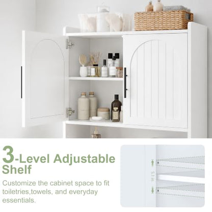 Over Toilet Storage Cabinet with Arched Doors, 34 Inch Wood Bathroom Organizer