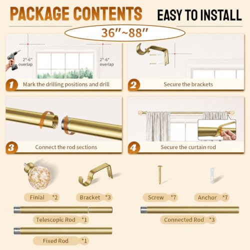 Gold Curtain Rods 36-88 Inch Adjustable Window Treatment Rods with Crystal Finials