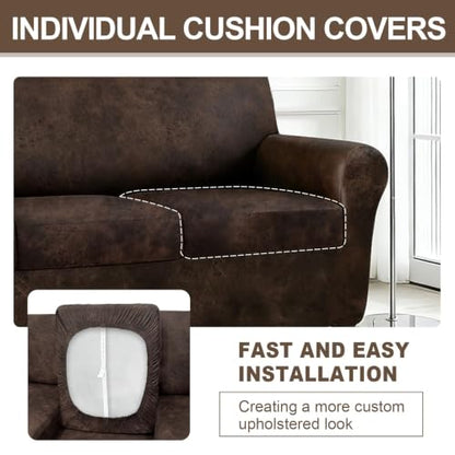 ANARACHON Leather Look Sofa Cover Set for 3 Cushion Couch - Brown, 4 Pieces