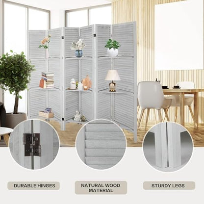 Room Divider with Shelves, 6 Panel Folding Privacy Screen – White, with 3 Shelves (Variation: White,6 Panel)
