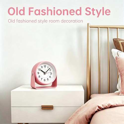 Pink 3.5-Inch Retro Analog Alarm Clock Silent Metal Table Desk Clock with Light
