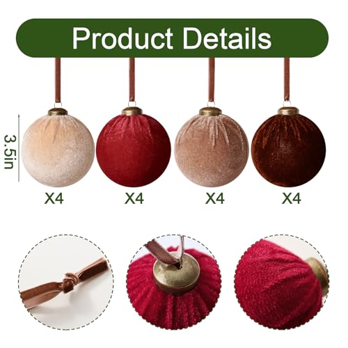 Velvet Christmas Tree Ornaments Set - Large Red, Brown & Beige Holiday Decorations, 16 pcs