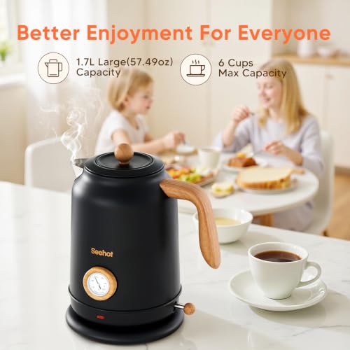 Electric Kettle 1.7L with Thermometer, 1200W, Black - Seehot