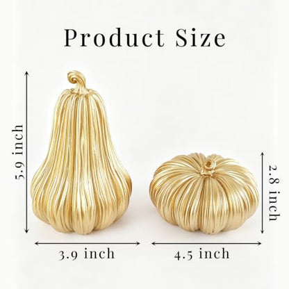 Gold Fall Pumpkin Decor Set - 2 Resin Pumpkins for Thanksgiving & Autumn Styling - Variation Gold-A