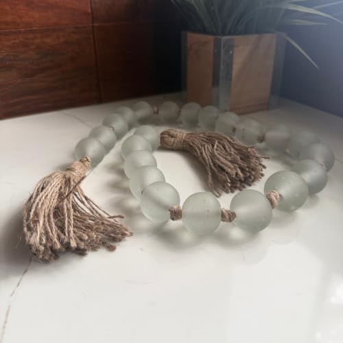 Frosted Glass Bead Garland - White Coastal Decor, 46 Inch with Tassels