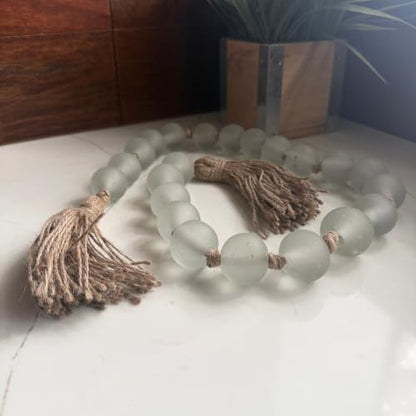 Frosted Glass Bead Garland - White Coastal Decor, 46 Inch with Tassels