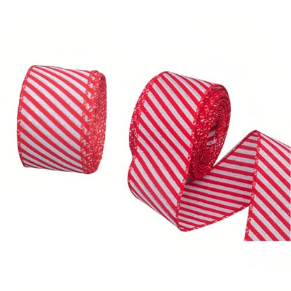 Wired Edge Ribbons Red White Striped Glitter Christmas Ribbon - 10 Yards