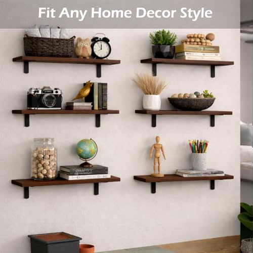 Set of 6 Wooden Floating Wall Shelves - Rustic Farmhouse Wall Storage