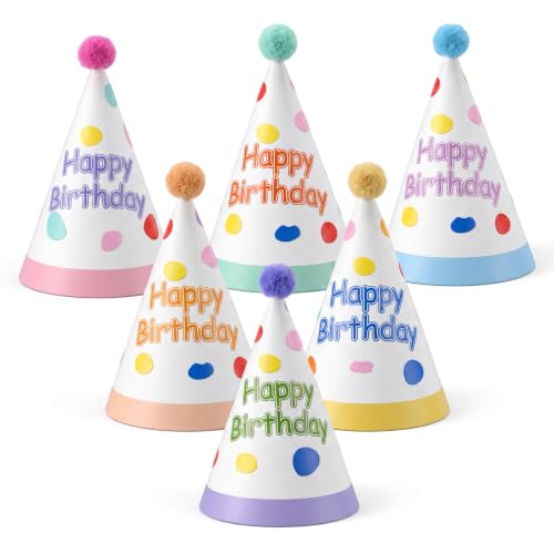 6 Pcs Colorful Birthday Hats for Adults with Fur Pom Poms - Party Supplies