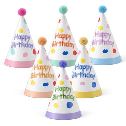 6 Pcs Colorful Birthday Hats for Adults with Fur Pom Poms - Party Supplies