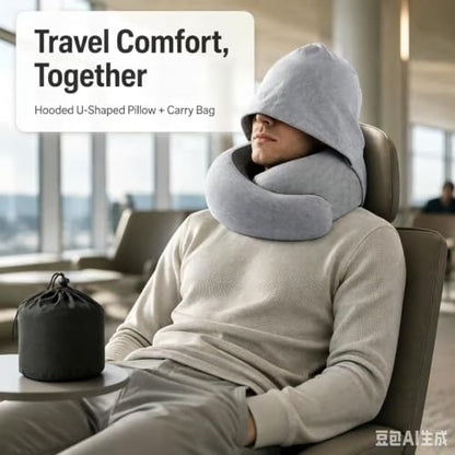 Travel Neck Pillow with Hood Memory Foam Support Washable Cover Storage Bag