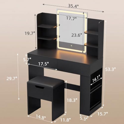 Vanity Desk with LED Mirror and 3-Color Lighting – 35.4" Bedroom Vanity Set with 2 Drawers & Open Shelves, Black