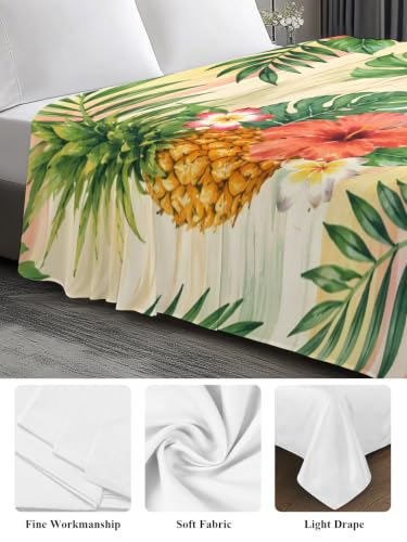 King Size Flat Sheet Only Summer Pineapple Flower Leaves Bed Top Sheet Microfiber Breathable Bedding - Lime, Coral