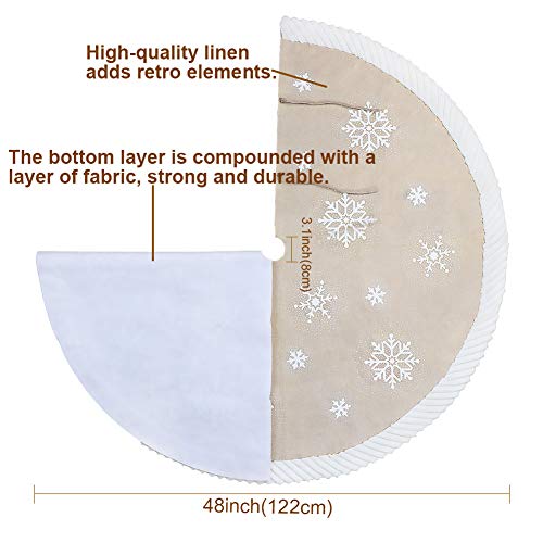 48 Inch Christmas Tree Skirt Burlap Snowflake Farmhouse Decor with Fur Edge