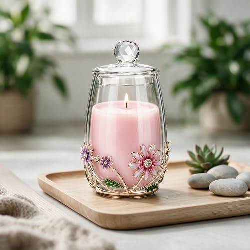 Pink Gardenia Scented Candle with Crystal Lid - Gift Jar for Women