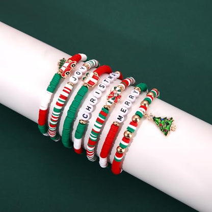 Christmas Bracelets Set - Beaded Candy Cane and Tree Jewelry Gifts